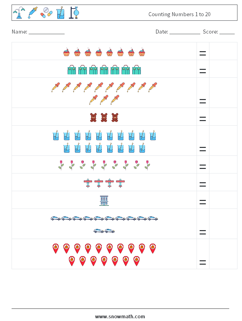Counting Numbers 1 to 20 Maths Worksheets 1