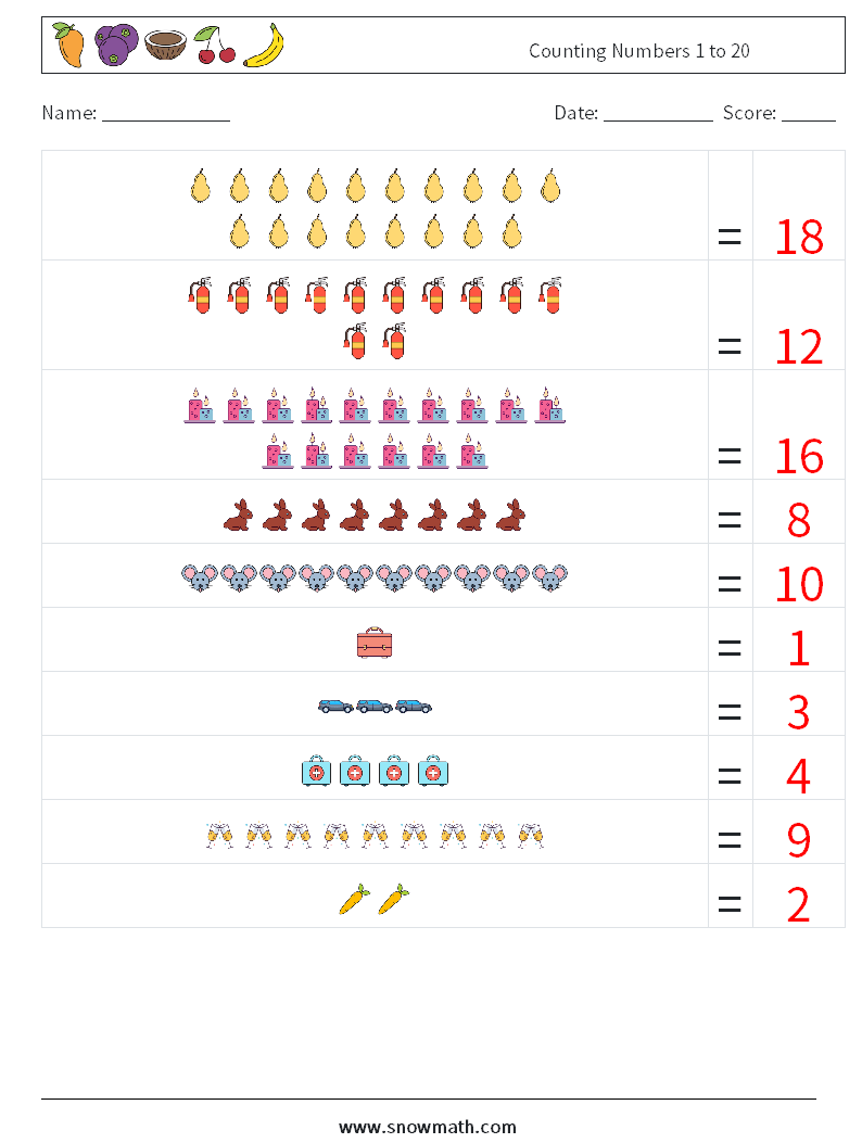 Counting Numbers 1 to 20 Maths Worksheets 11 Question, Answer