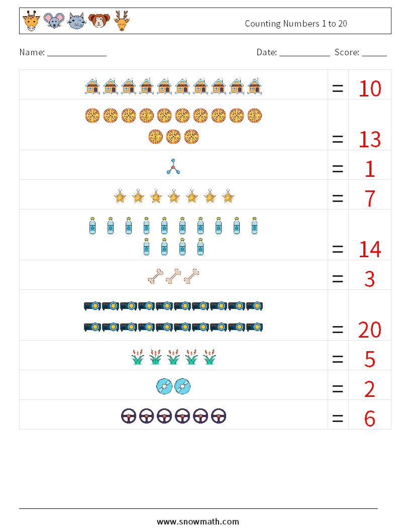 Counting Numbers 1 to 20 Maths Worksheets 13 Question, Answer