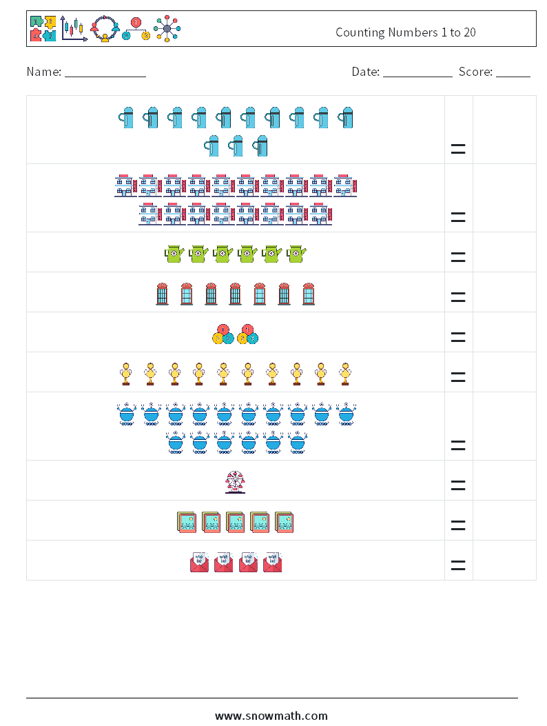 Counting Numbers 1 to 20 Maths Worksheets 15