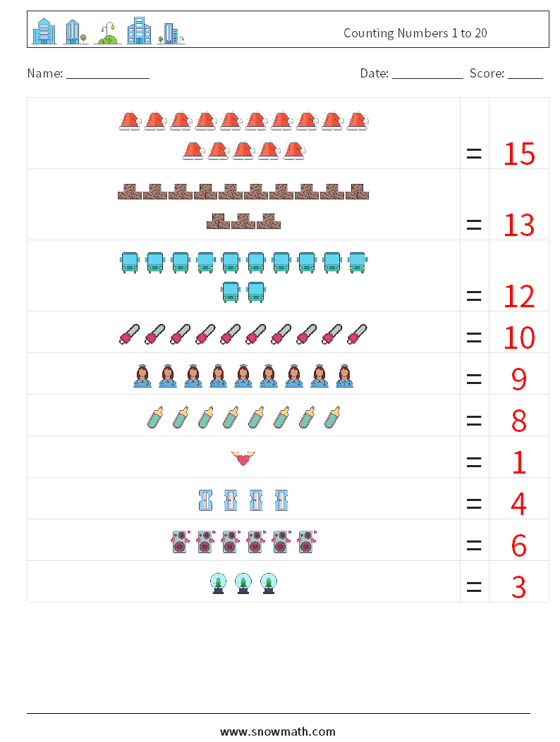 Counting Numbers 1 to 20 Maths Worksheets 16 Question, Answer