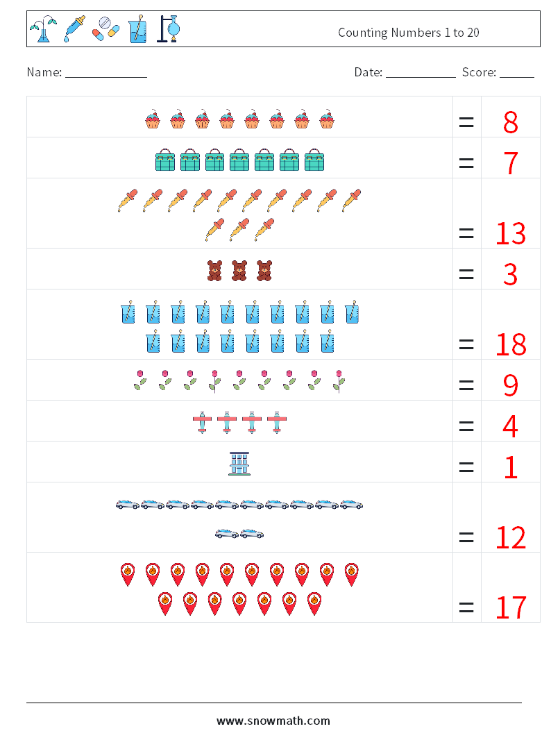 Counting Numbers 1 to 20 Maths Worksheets 1 Question, Answer