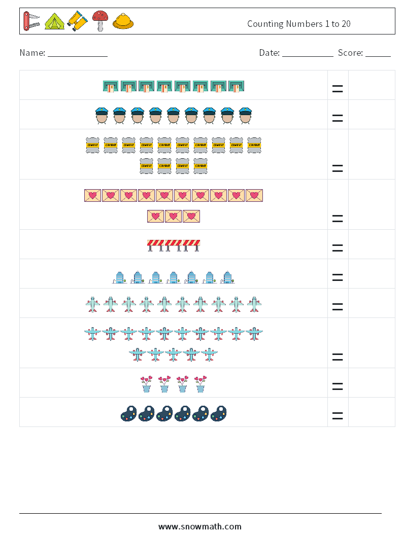 Counting Numbers 1 to 20 Maths Worksheets 2
