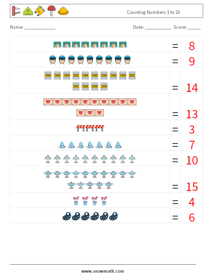 Counting Numbers 1 to 20 Maths Worksheets 2 Question, Answer