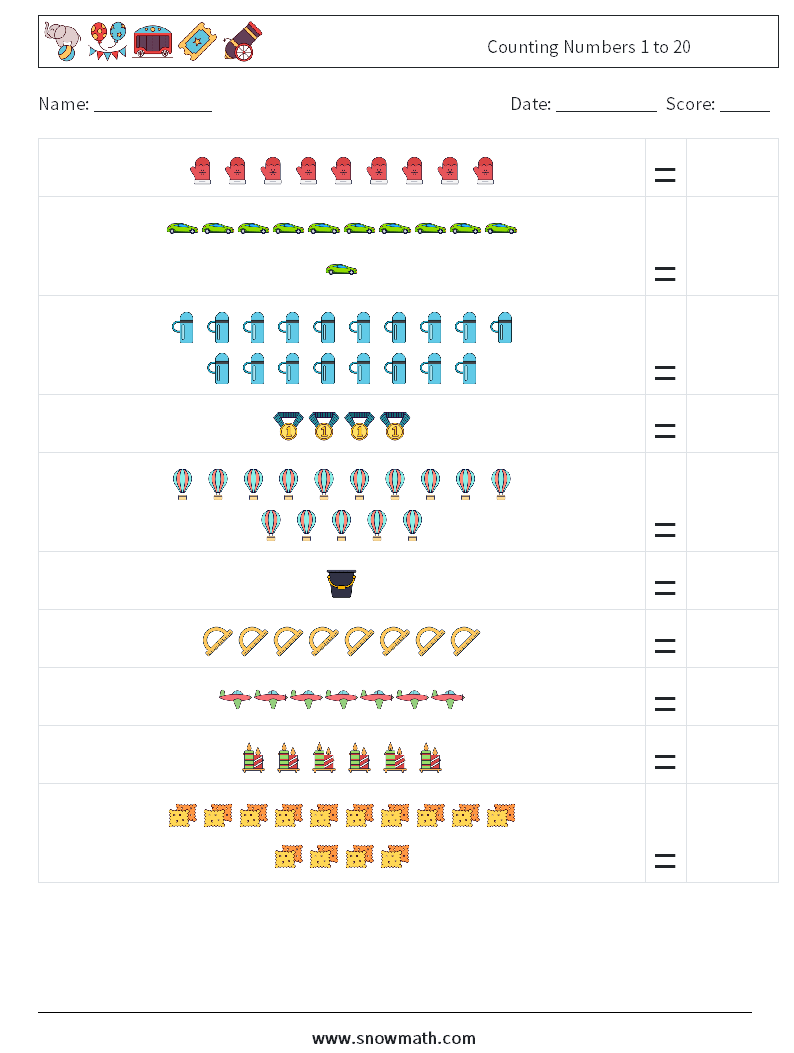 Counting Numbers 1 to 20 Maths Worksheets 3