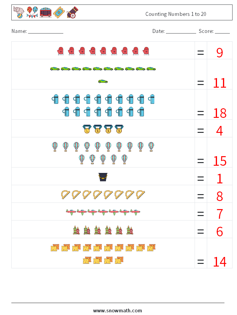 Counting Numbers 1 to 20 Maths Worksheets 3 Question, Answer