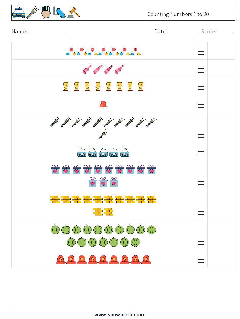 Counting Numbers 1 to 20 Maths Worksheets 4