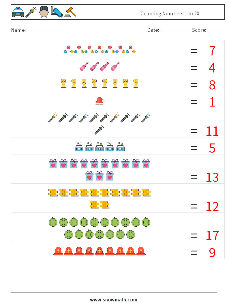 Counting Numbers 1 to 20 Maths Worksheets 4 Question, Answer