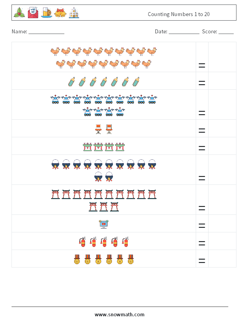 Counting Numbers 1 to 20 Maths Worksheets 5