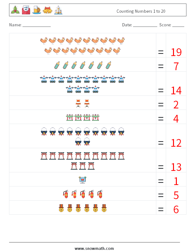 Counting Numbers 1 to 20 Maths Worksheets 5 Question, Answer