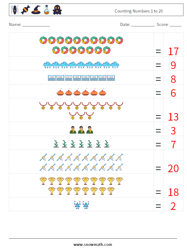 Counting Numbers 1 to 20 Maths Worksheets 6 Question, Answer