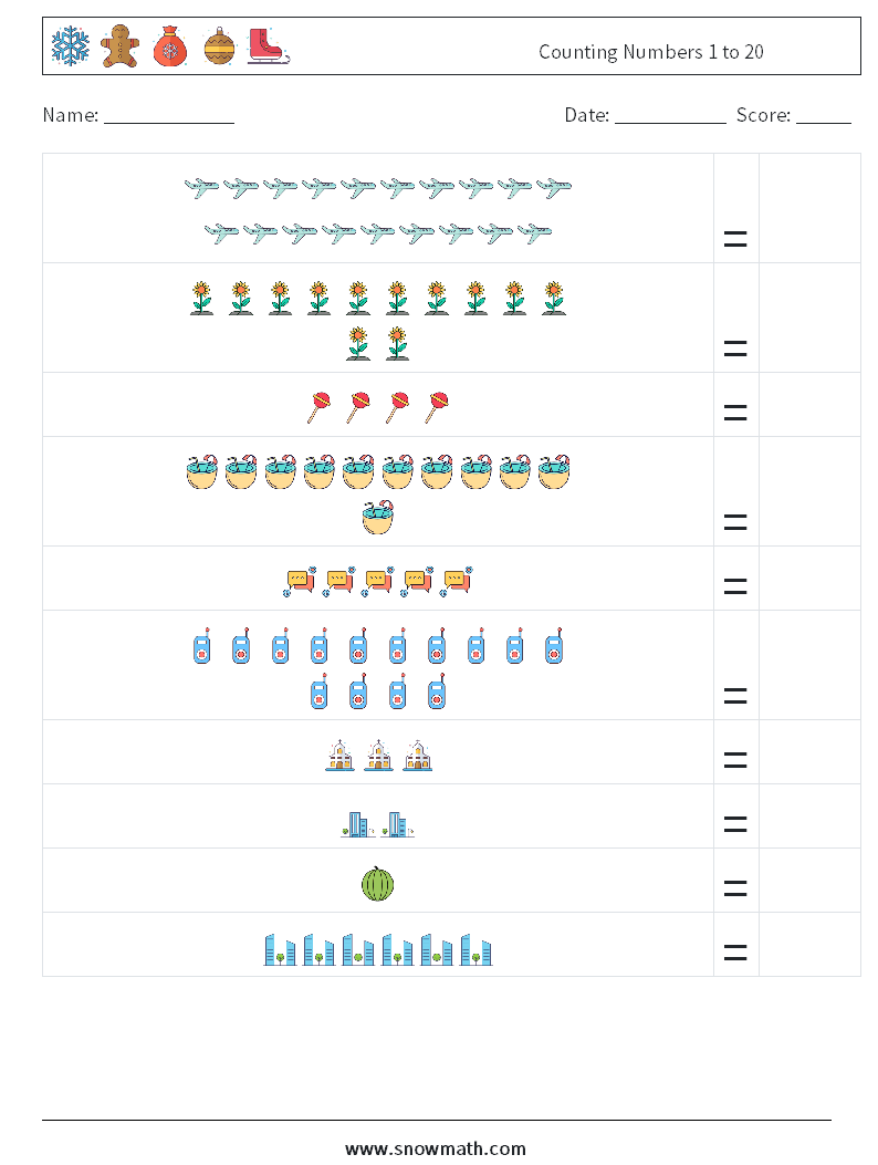 Counting Numbers 1 to 20 Maths Worksheets 7