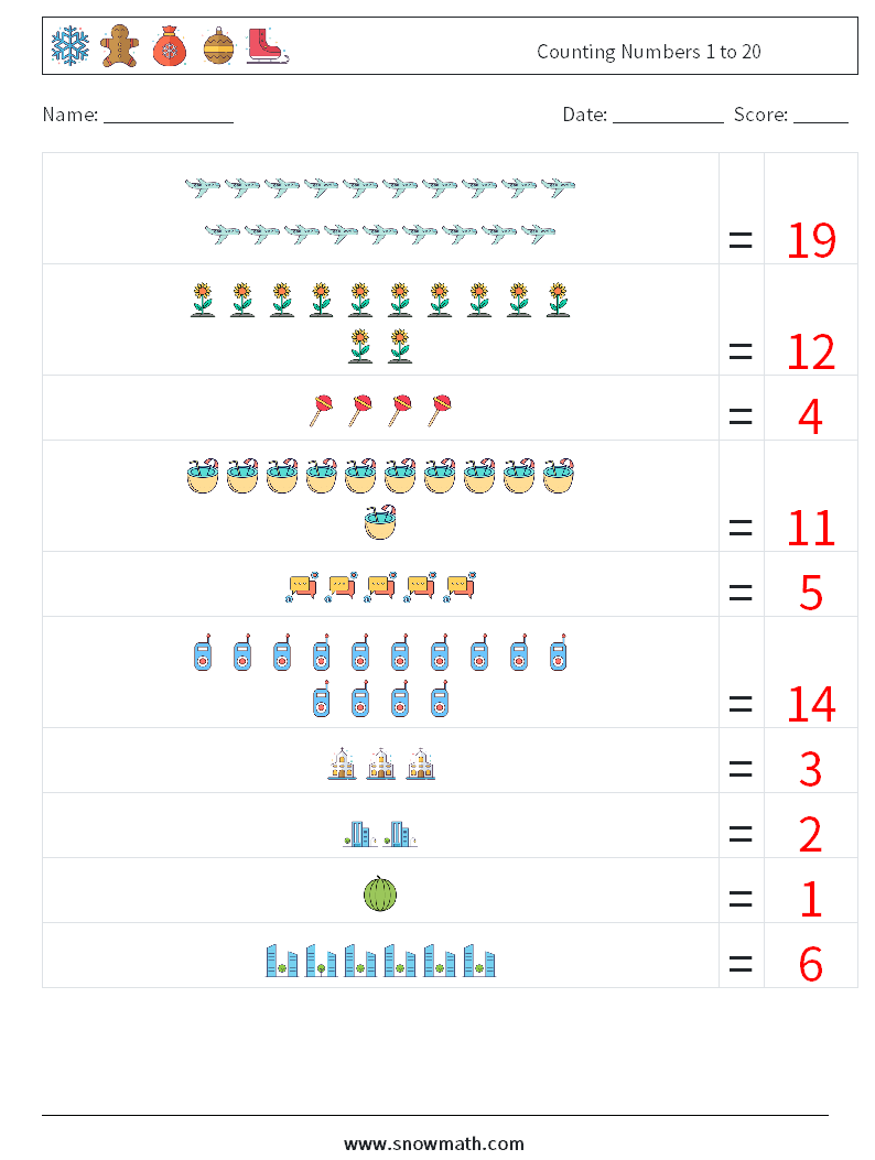 Counting Numbers 1 to 20 Maths Worksheets 7 Question, Answer