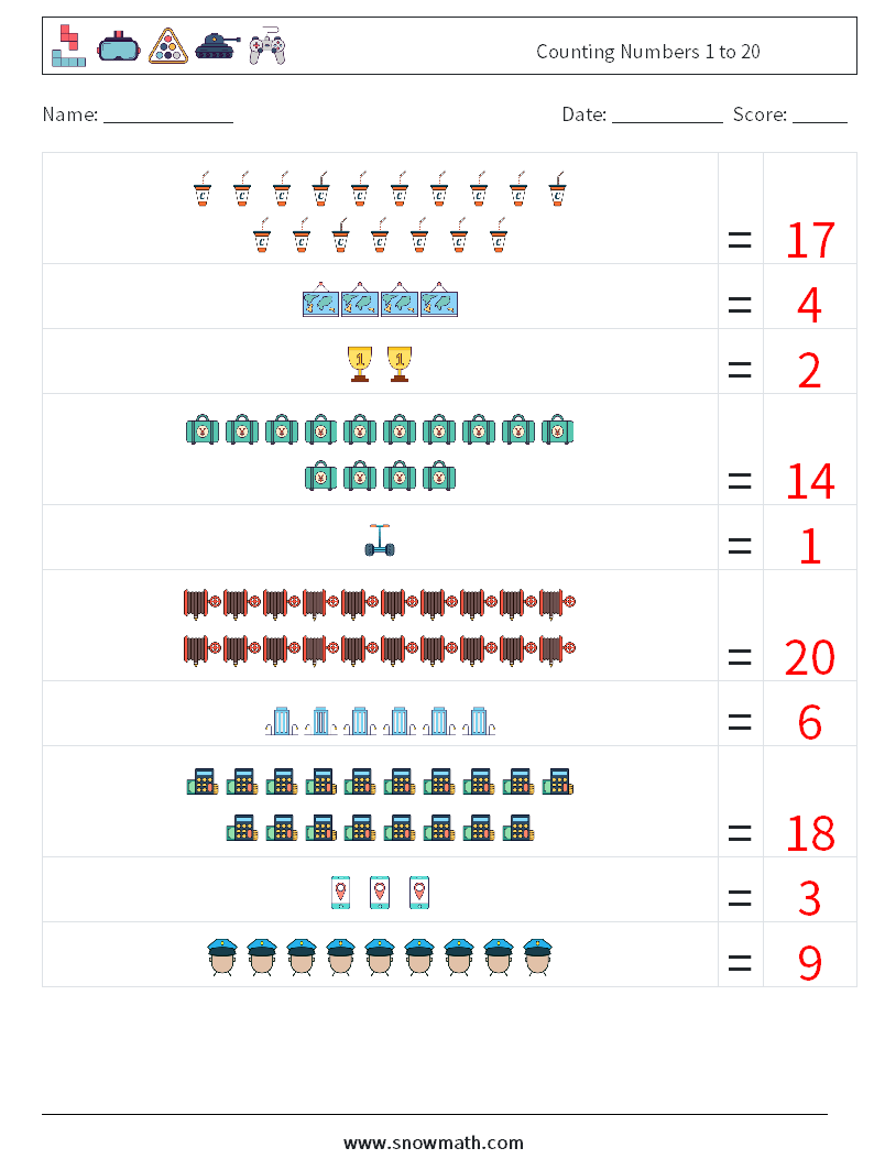 Counting Numbers 1 to 20 Maths Worksheets 8 Question, Answer