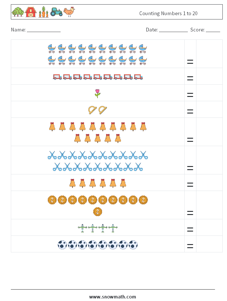 Counting Numbers 1 to 20 Maths Worksheets 9