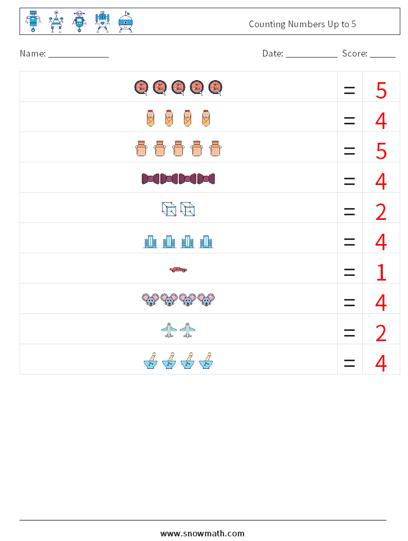 Counting Numbers Up to 5 Maths Worksheets 10 Question, Answer