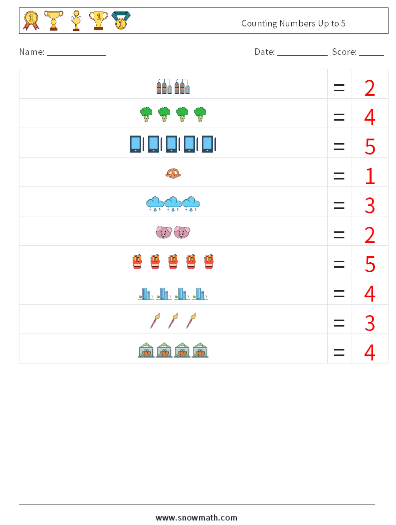 Counting Numbers Up to 5 Maths Worksheets 11 Question, Answer