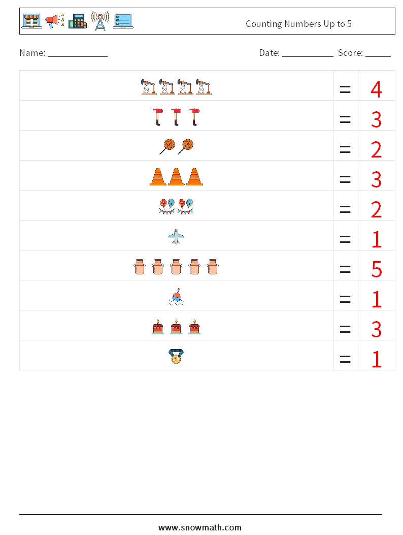 Counting Numbers Up to 5 Maths Worksheets 12 Question, Answer