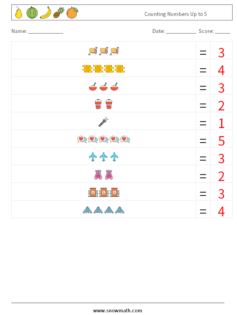 Counting Numbers Up to 5 Maths Worksheets 13 Question, Answer