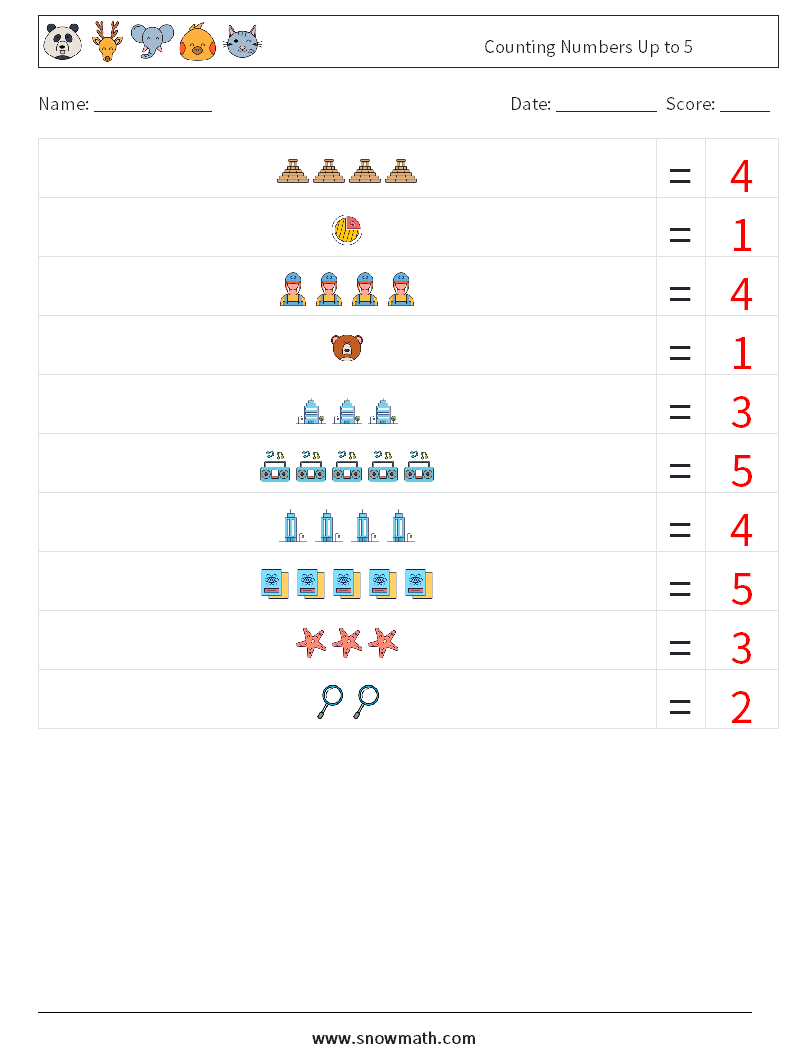 Counting Numbers Up to 5 Maths Worksheets 16 Question, Answer