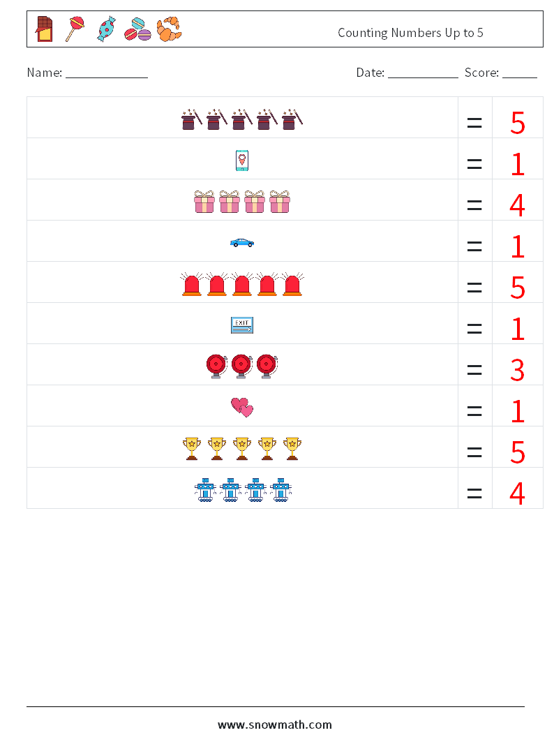 Counting Numbers Up to 5 Maths Worksheets 18 Question, Answer