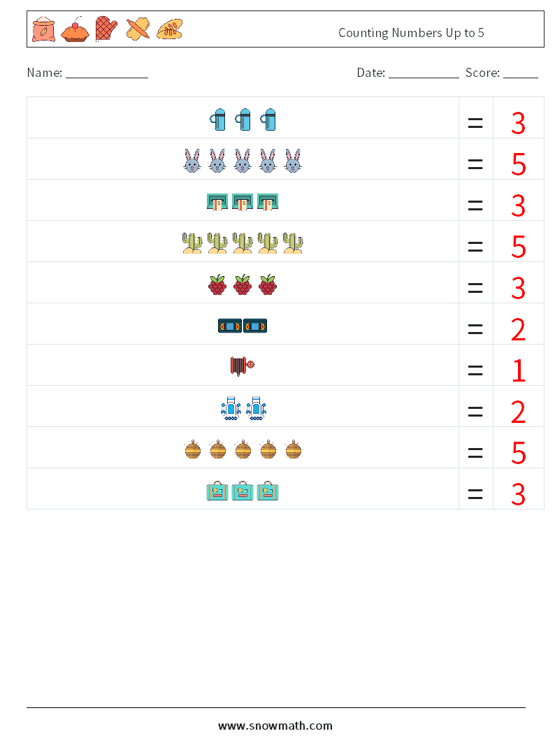 Counting Numbers Up to 5 Maths Worksheets 1 Question, Answer