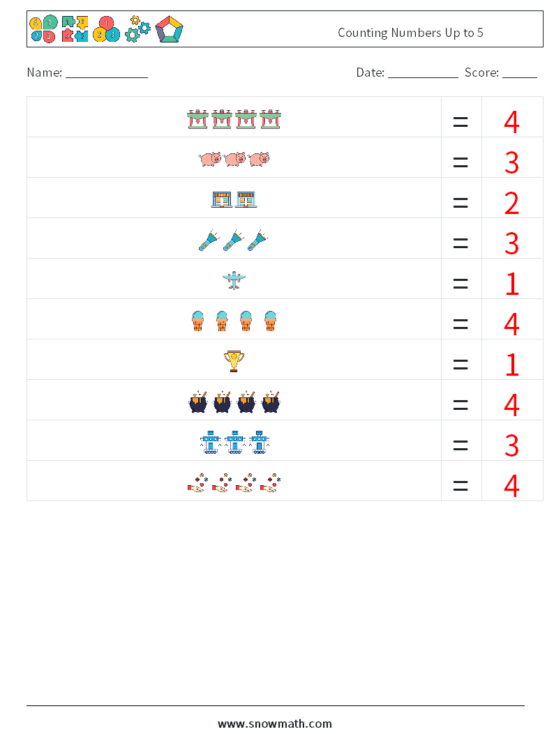 Counting Numbers Up to 5 Maths Worksheets 2 Question, Answer