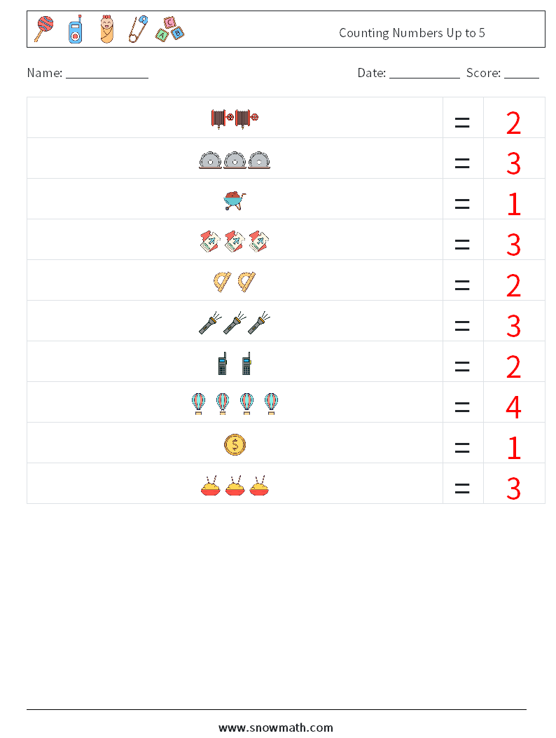 Counting Numbers Up to 5 Maths Worksheets 3 Question, Answer