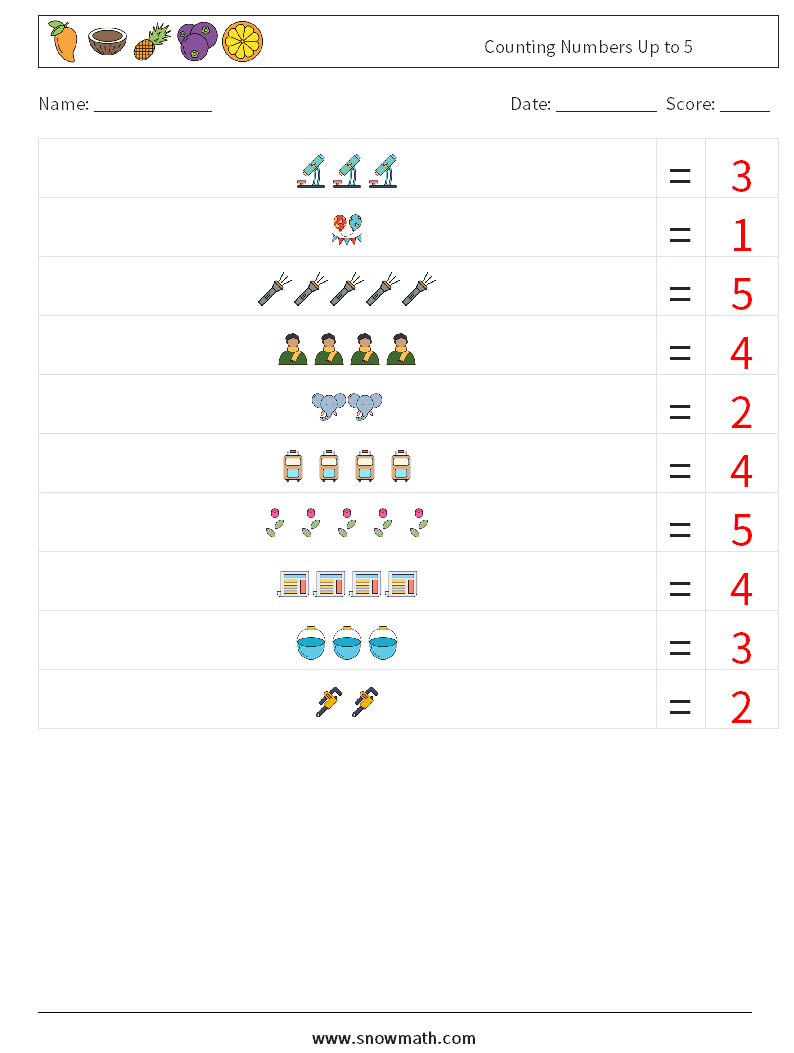 Counting Numbers Up to 5 Maths Worksheets 4 Question, Answer