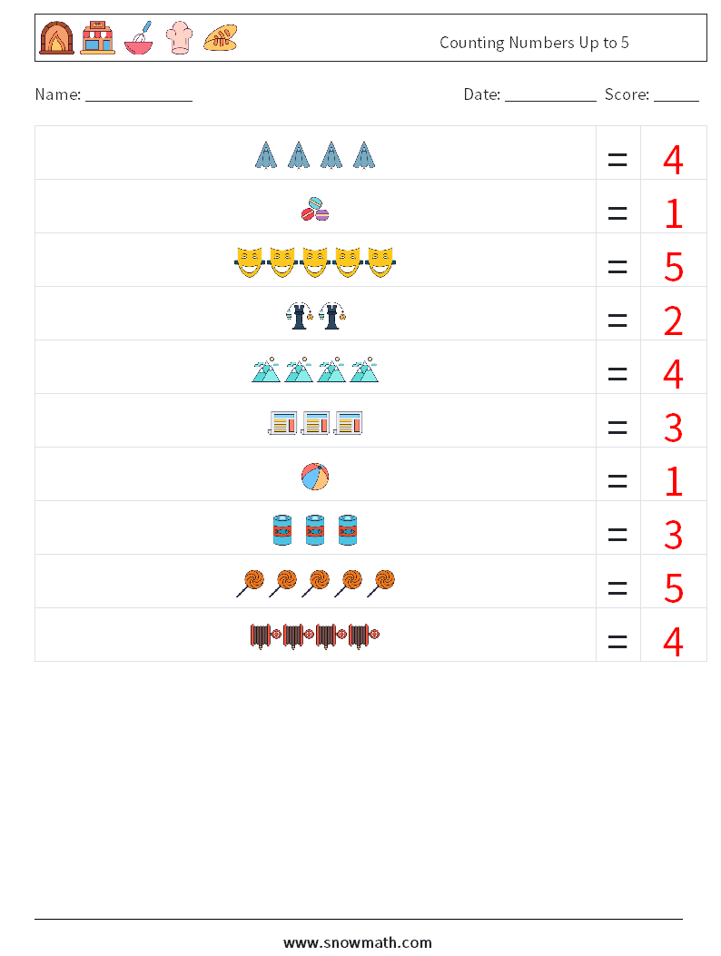 Counting Numbers Up to 5 Maths Worksheets 5 Question, Answer