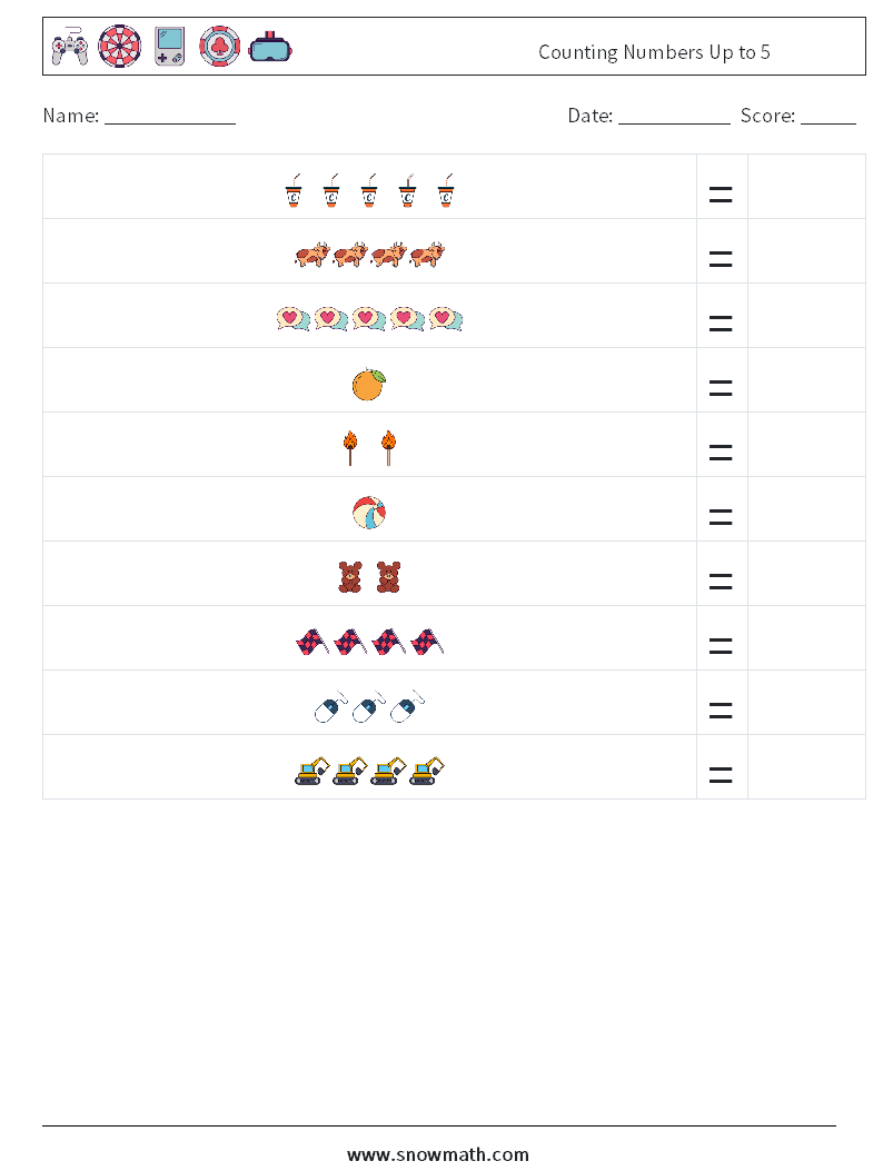 Counting Numbers Up to 5 Maths Worksheets 6