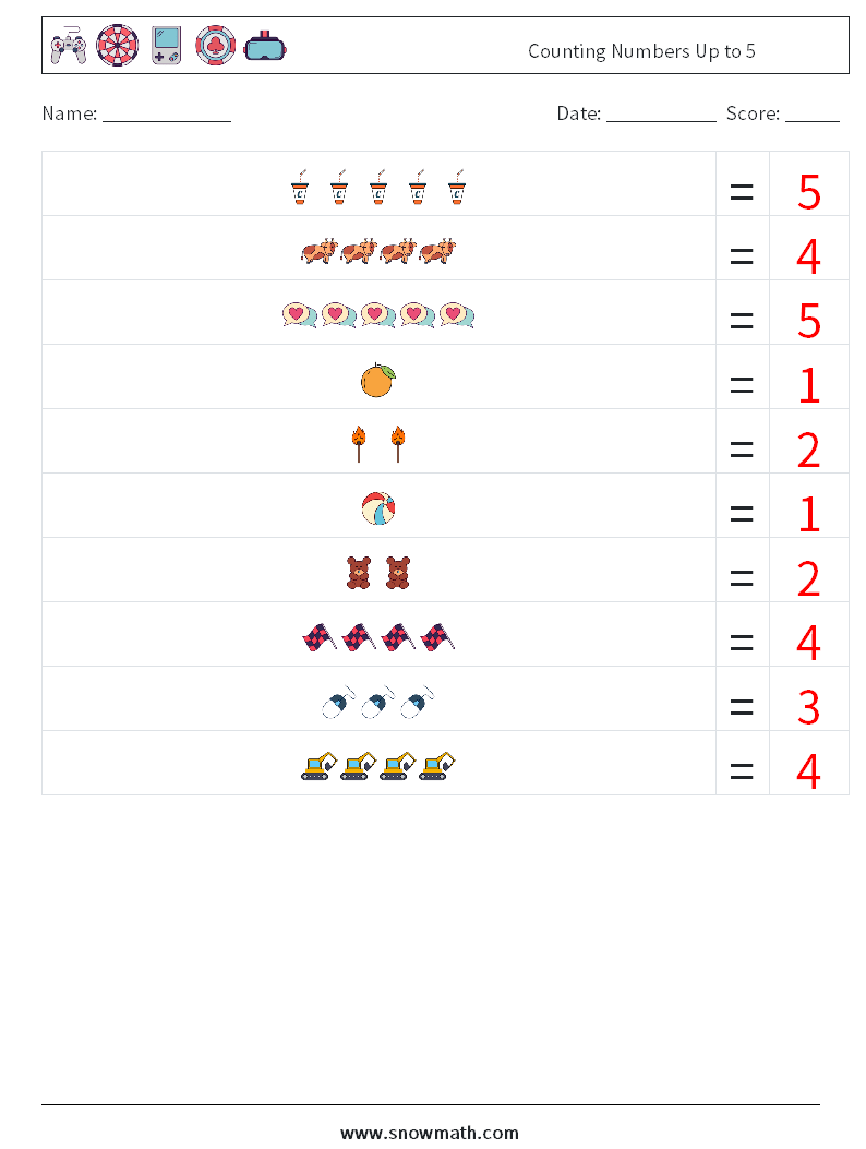 Counting Numbers Up to 5 Maths Worksheets 6 Question, Answer