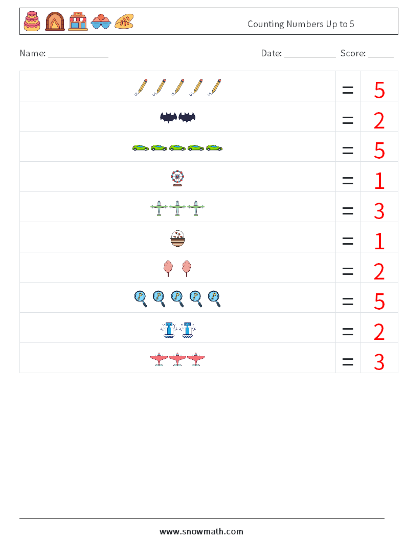 Counting Numbers Up to 5 Maths Worksheets 8 Question, Answer