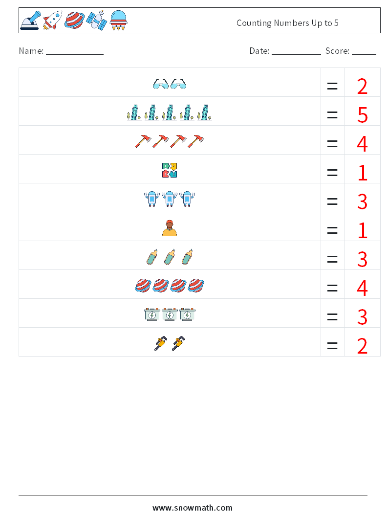Counting Numbers Up to 5 Maths Worksheets 9 Question, Answer
