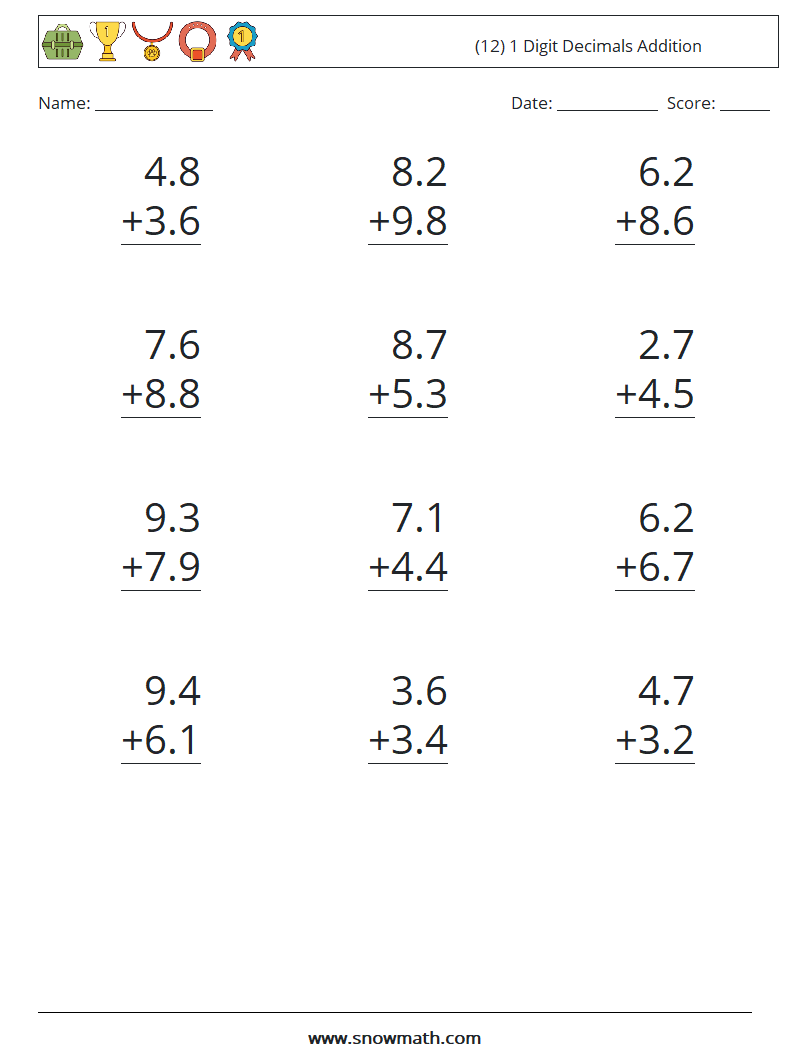 (12) 1 Digit Decimals Addition Maths Worksheets 1