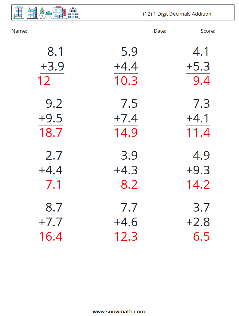 (12) 1 Digit Decimals Addition Maths Worksheets 10 Question, Answer