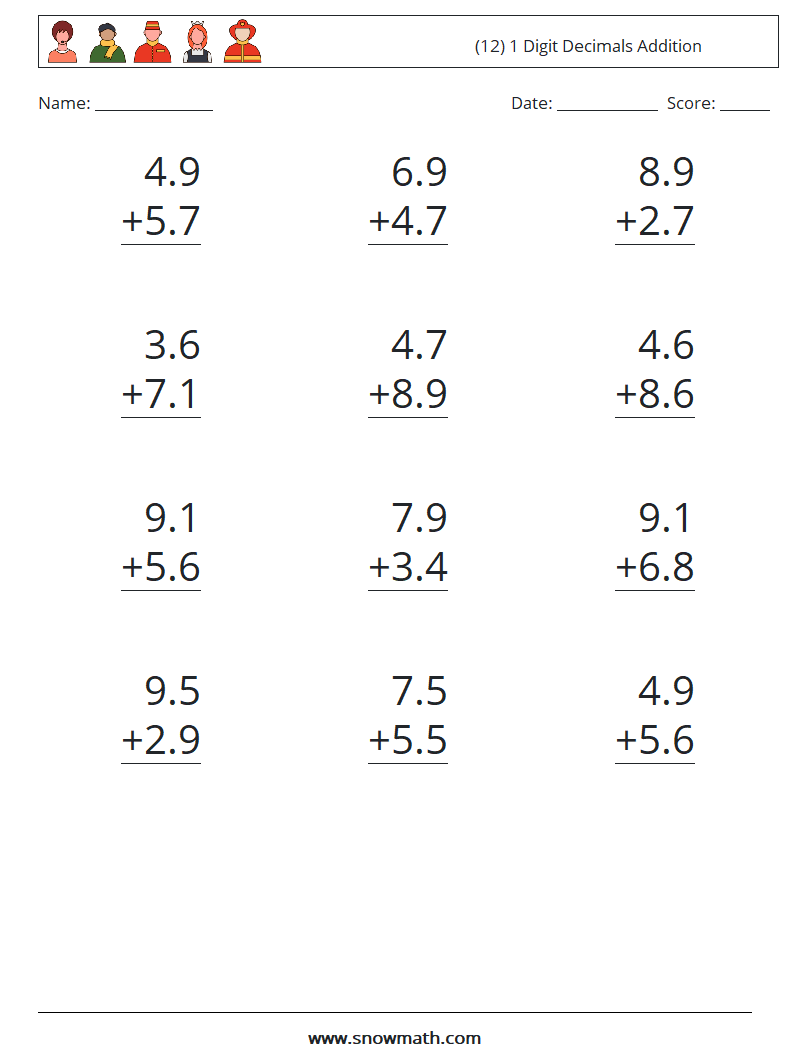 (12) 1 Digit Decimals Addition Maths Worksheets 11