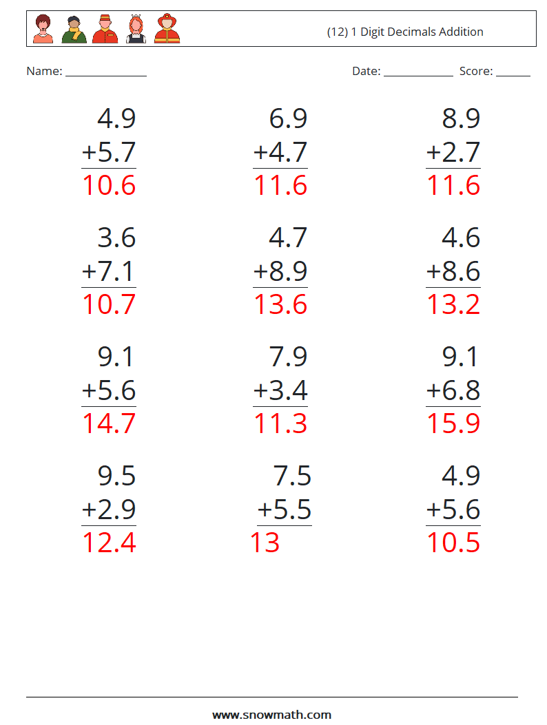 (12) 1 Digit Decimals Addition Maths Worksheets 11 Question, Answer