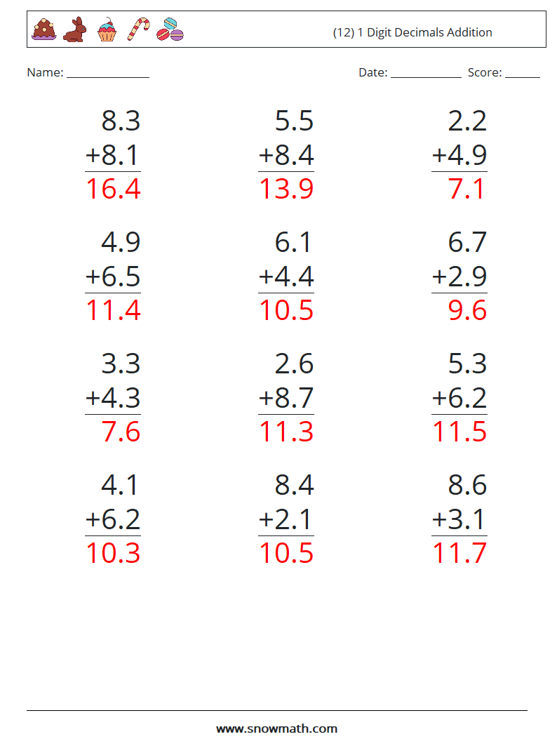 (12) 1 Digit Decimals Addition Maths Worksheets 12 Question, Answer