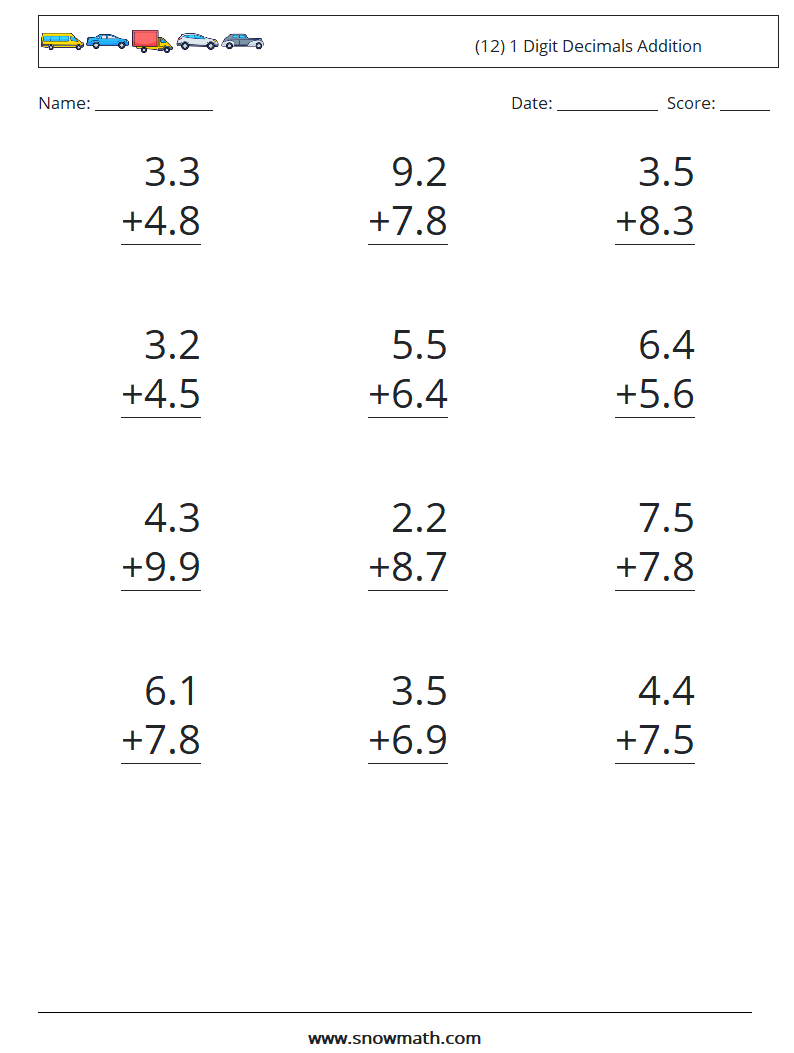 (12) 1 Digit Decimals Addition Maths Worksheets 13