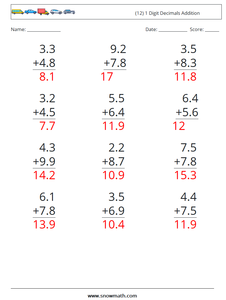 (12) 1 Digit Decimals Addition Maths Worksheets 13 Question, Answer