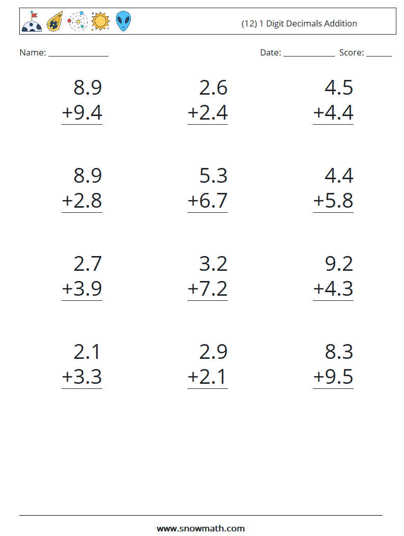 (12) 1 Digit Decimals Addition Maths Worksheets 14