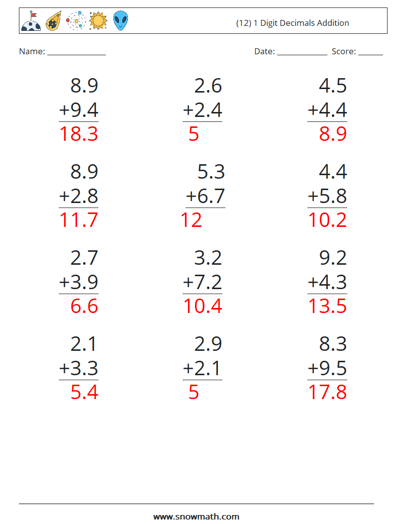 (12) 1 Digit Decimals Addition Maths Worksheets 14 Question, Answer