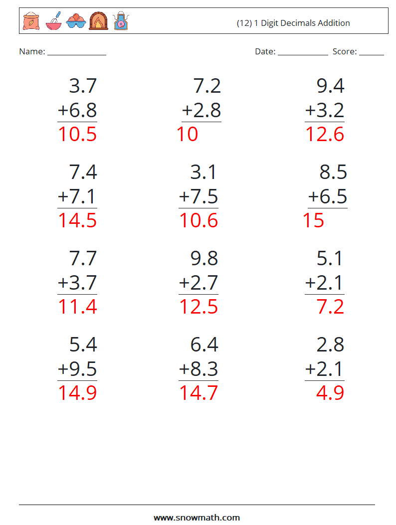 (12) 1 Digit Decimals Addition Maths Worksheets 15 Question, Answer