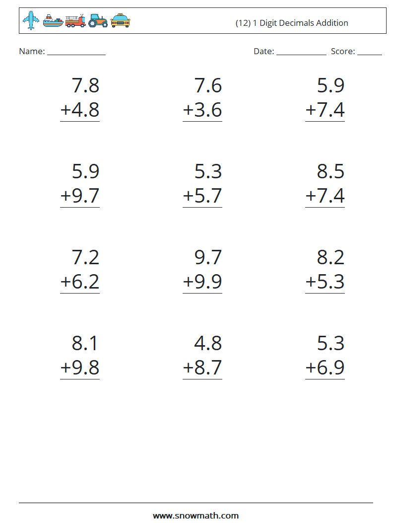 (12) 1 Digit Decimals Addition Maths Worksheets 16