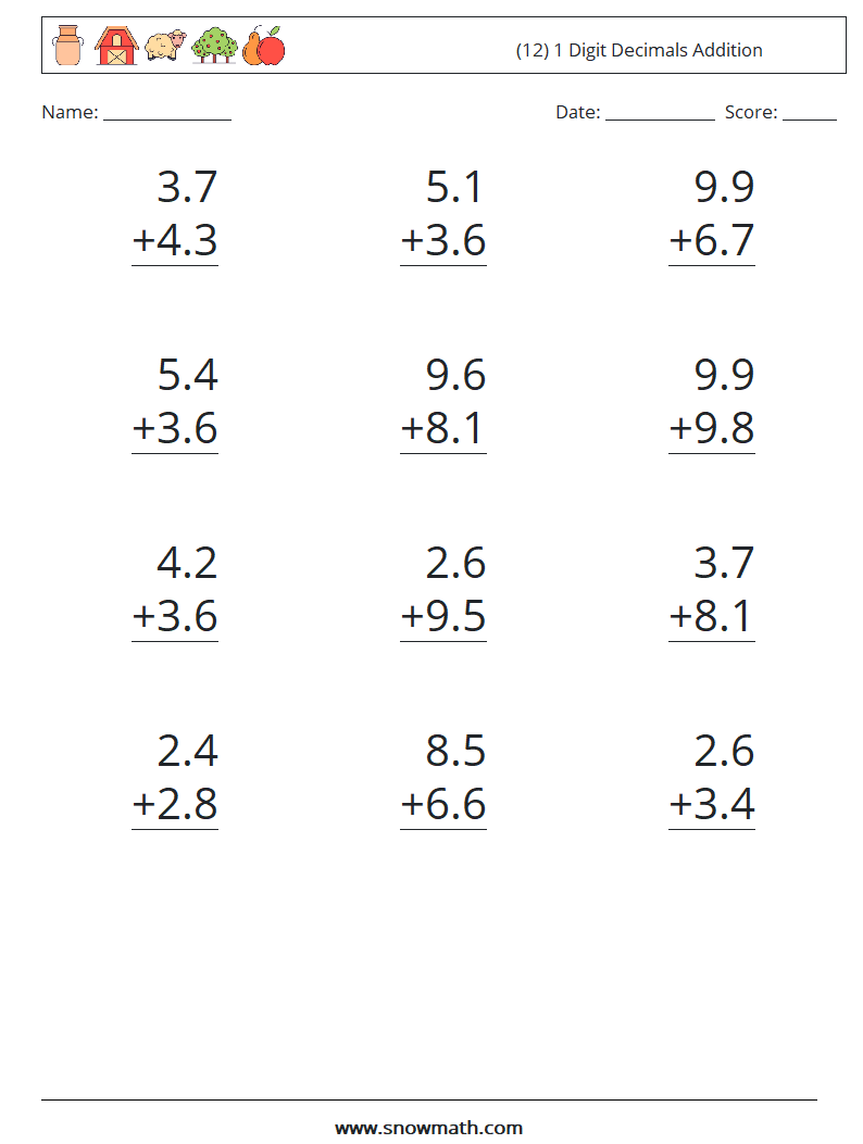 (12) 1 Digit Decimals Addition Maths Worksheets 17
