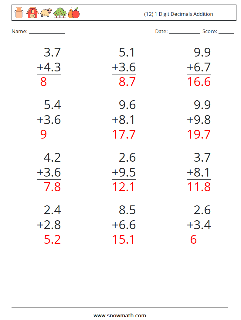 (12) 1 Digit Decimals Addition Maths Worksheets 17 Question, Answer