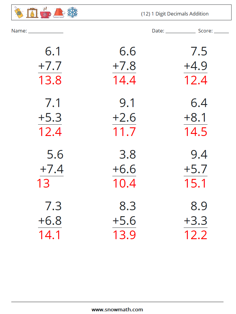 (12) 1 Digit Decimals Addition Maths Worksheets 18 Question, Answer