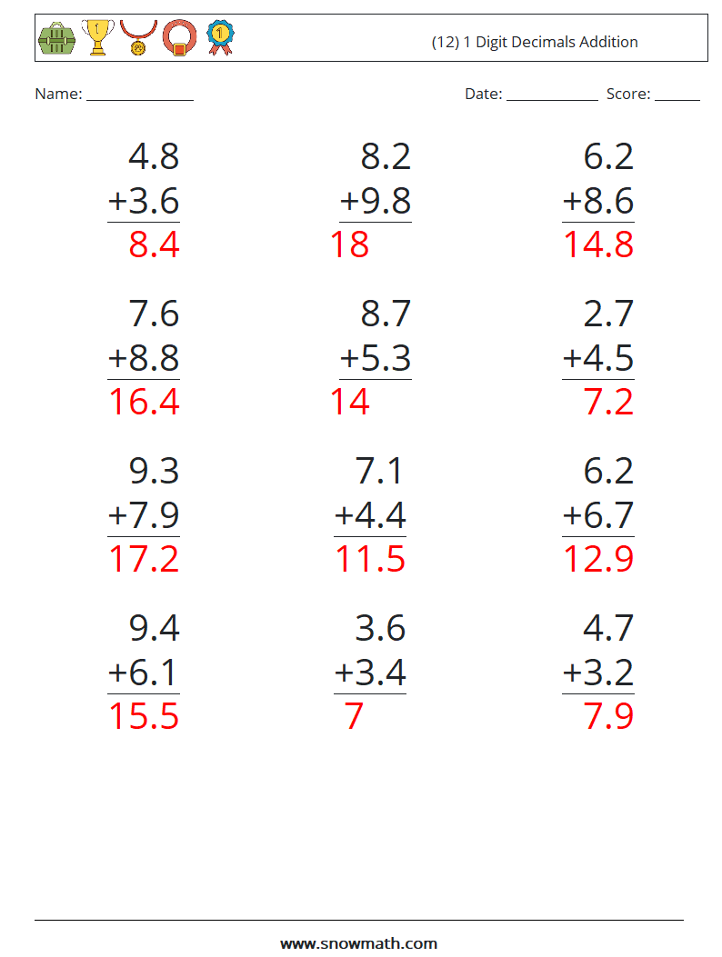 (12) 1 Digit Decimals Addition Maths Worksheets 1 Question, Answer