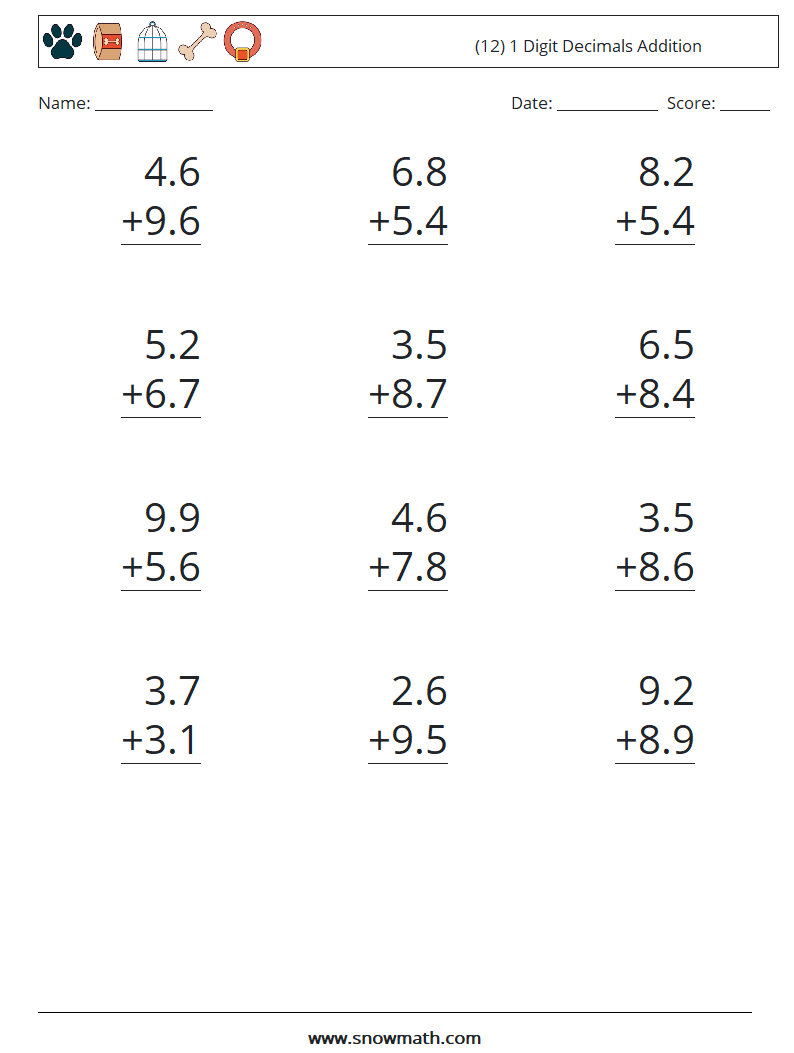 (12) 1 Digit Decimals Addition Maths Worksheets 2